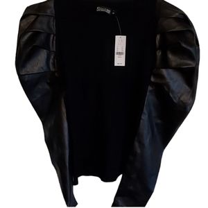 7th Avenue NY & Co black blouse with faux leather pleated sleeves size small